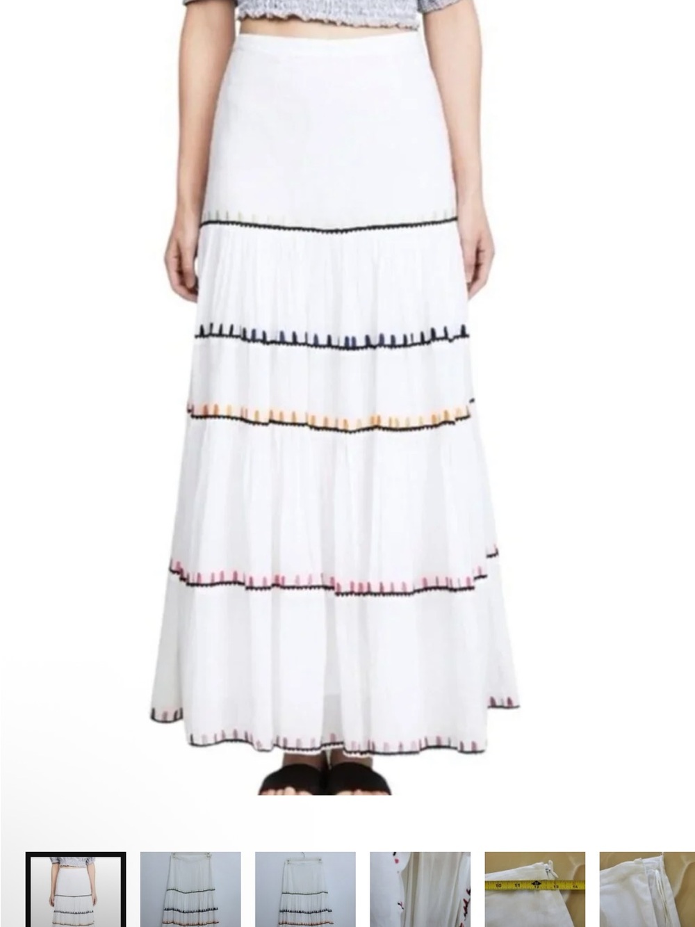 Carolina K White Tiered Maxi Skirt with Color-Trim Detail sz S